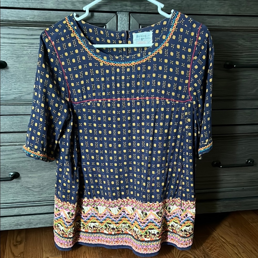 Anthropologie Blue Embellished Boxy Blouse